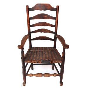 Antique English Georgian Oak Woven Seat Ladderback Armchair 18th Century