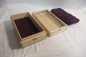 Japanese Kiri Wooden Fuchi Kashira Box W Purple Cushion For Antique Collector