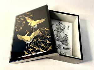 Vintage Japanese Lacquer Golden Cranes Postcard Box Traditional Crafts Aizu