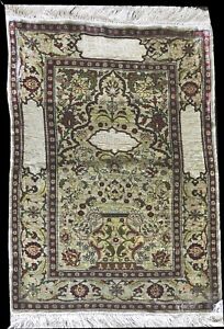 Vintage 100 Silk Turkish Prayer Metal Threads Hereke Rug With Script