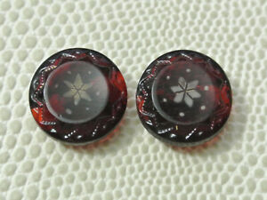 Pair Antique Ruby Red Glass Button Central Flower Design Rare