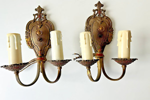 Pair Antique 20 S Double Arm Electric Wall Lamps Sconce Polychrome Finish