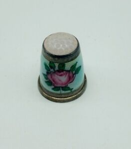 Antique Sterling Silver Guilloche Enamel Thimble White Jewel Top Roses Germany