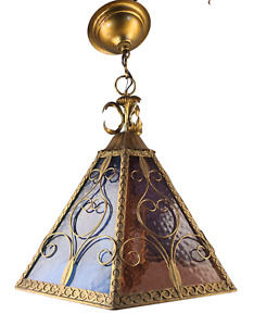 Antique Multi Color Slag Glass Italian Tole Gilded Chandelier Light Fixture