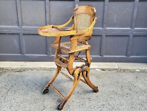 Antique Oak Folding High Chair Rocker Stroller Combination C1900