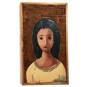 Original Folk Art Painting Mid 20th Century Young Girl By Ralph Eno On Wood 