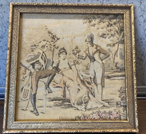 Vintage Antique Frame Woven Tapestry Courting Couple Scene