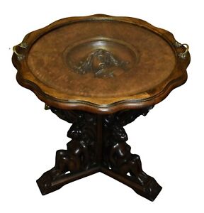 Antique Renaissance Revival Carved Figural Walnut Table W Beveled Glass Tray Top