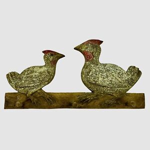 Antique Folk Art Polychrome Rooster Chicken Carved Wood Wall Hang Hat Coat Rack