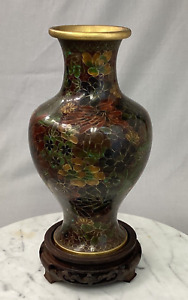 Vintage Cloisonne Ware Vase On Wood Stand 2 Thousand Flower Pattern B