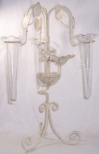 Epergne Bird Nest Cold Painted Distres Shabby Chic Style 3 Glass Vases Feeders
