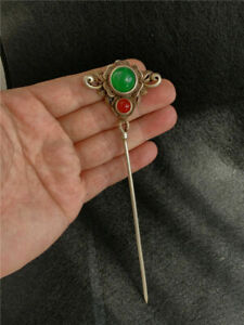 Antique Tibetan Silver Inlay Red Green Gem Jade Retro Hairpin Step Shake