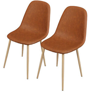 Mid Century Modern Set Of 2 Dinning Chairs Pu Leather Cushion For Kitchen Brown