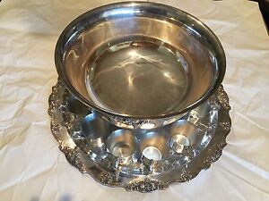Silver Plated Punch Bowl Including Silver Plated Tray And 12 Cups Large Size