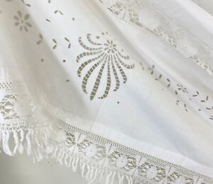 74 X 66 Vintage White Lace French Curtain Drape Hanging Cotton Handworked Handm