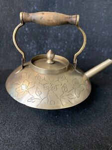 Vtg Chinese Hand Engraved Etched Floral Design Brass Teapot With Wooden Handle