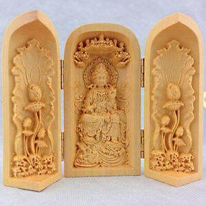 Boxwood Carved Buddha Statue Three Open Box Free Guanyin Wooden Handicraft Decor