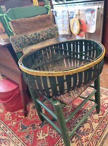 Antique Basket Original Green Yellow Paint Handmade Rare Staved Wood Large