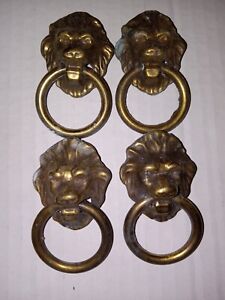Set Of 4 Antique Bronze Lion Head Drawer Pulls With Pull Rings