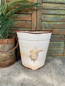 Vintage French White Rustic Hanging Enamel Milking Bucket Garden Planter Tub