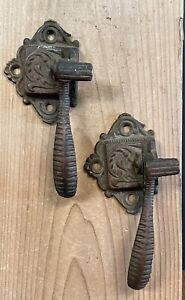 1625 Two Antique Victorian Ornate Cast Brass Icebox Ice Box Handles Latches