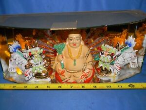 Vtg Kutani Porcelain Foo Dogs Guardian Lions Gilded Happy Buddha Budai Statue