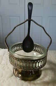 Vintage Leonard Silverplate And Glass Sugar Dish Bowl Spoon On Hanging Holder