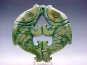Old Nephrite Jade Stone Carved Large Pendant Double Carp Fish Koi 01182401