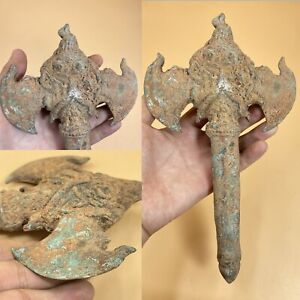 Unique Old Luristan Bronze Double Axe With Dragon Details Decoration