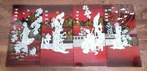 Vintage Vietnamese Mother Of Pearl Red Lacquer Wall Panels Set Of 4 Lacquerware