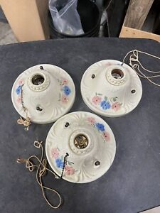  Lot Of 3 Vintage Porcelain Pull Chain Ceiling Light Fixture Floral Single Bulb