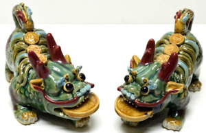 Pair Chinese Art Foo Dogs Ceramic Good Luck Prosperity Coins Ornate Detail 6 