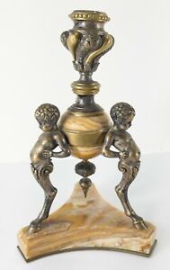Antique Italian Neoclassical Grand Tour Bronze Pan And Alabaster Candlestick