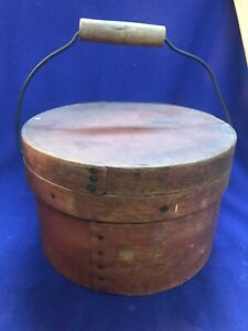Antique American Bail Handle Wooden Pantry Box In Original Old Red Paint