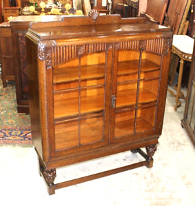 English Antique Tiger Oak Art Deco Glass Door Bookcase Display Cabinet