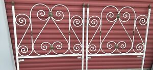Pr French Country Iron Shabby Chic Twin Headboards Brass Medallion Finial Accent