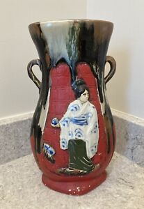 Antique Japanese Sumida Gawa Glazed Ceramic Vase 12 Inches Tall