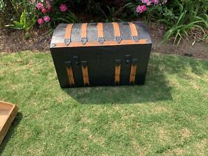 Antique Camel Top Steamer Trunk Ornate Metallic 1800 S Victorian Dome Chest