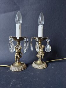 Antique Vintage Pair French Brass Crystals Table Lamps Bedside