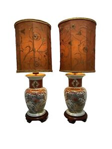 Set Of 2 Vintage Lamp Oriental Japan Blue Pink Gold Bird 28 Vase Light