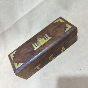 Stunning Vintage Wooden Tea Caddy Chest Box With Brass Inlay Taj Mahal Indian