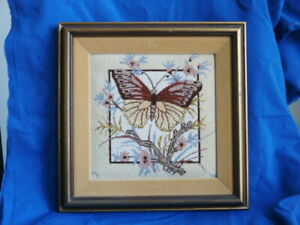 Antique Vintage Petit Point Wool Yarn Needlepoint Butterfly Tapestry Framed