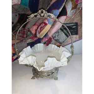 Vtg Brides Basket W Milk Glass Bowl Victorian Style Silver Plated Ornate 11 X13