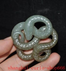 2 China Ancient Hetian Jade Carved Fengshui Wealth Snake Yubi Jade Bi Pendant