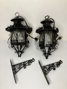 Vintage Pair Spanish Gothic Revival Metal Lantern Light Plug In W Wall Brackets