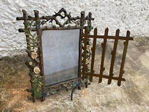 Antique Bronze Log Work Gate Photograph Frame With Painted Flowers C1900