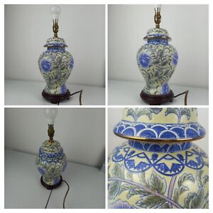 Vintage 1950s Porcelain Wood Brass Ginger Jar Lamp Oriental Blue Green