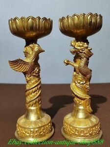 Chinese Bronze Gilt Dragon Phoenix Candlestick Oil Lamp Candle Stick Holder Pair