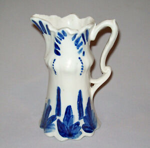 Old Vtg Blue Slip Decorated Stoneware Pottery Pitcher Mid 20th Century Very Nice