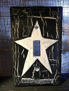 Primitive Crackle Black White Star Single Switch Wall Plate Country Decor